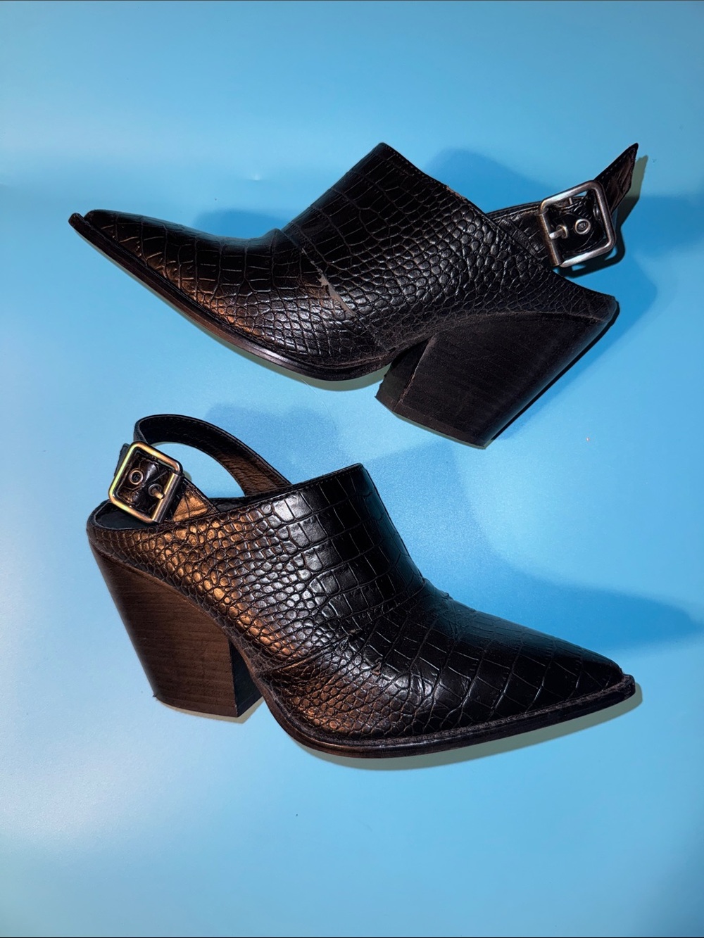 Chinese Laundry Black Croc-Embossed Pointed Slingback Mules
